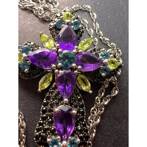 Multi-Gem Rhodium Over Sterling Silver Cross Pendant With Chain